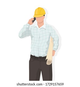 Engineer in modern style vector illustration, business person simple flat shadow isolated on white background.