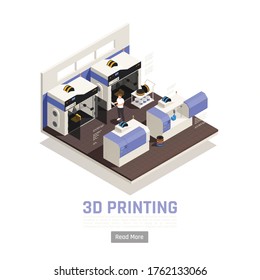 Engineer monitoring printing of big 3d models isometric vector illustration