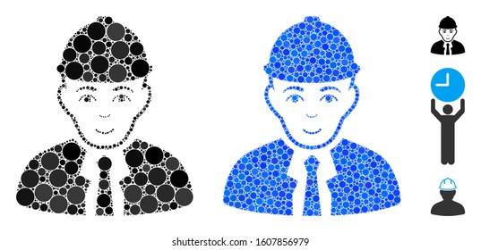 Engineer mosaic of circle elements in different sizes and color tints, based on engineer icon. Vector round elements are organized into blue illustration.