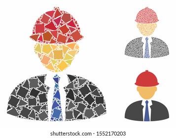 Engineer mosaic of tuberous elements in different sizes and color hues, based on engineer icon. Vector rugged elements are organized into mosaic. Engineer icons collage with dotted pattern.