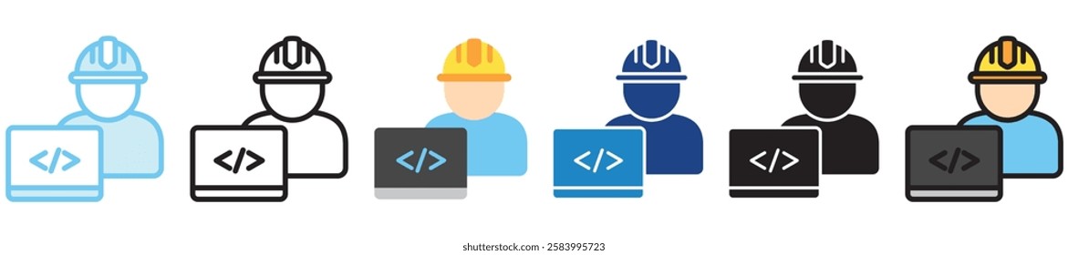 Engineer multi-style icon, outline, flat, glyph, dual tone, line color. use for UI, UX, app and web development, digital or print. for digital industry, education, technology.