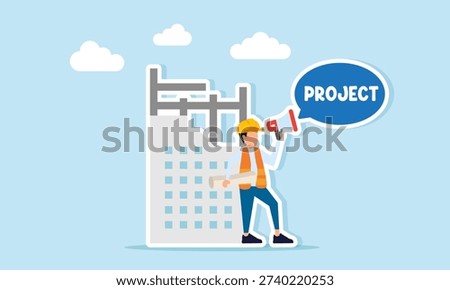 Engineer near building construction progress using megaphone with project chat illustration of seeking new construction projects