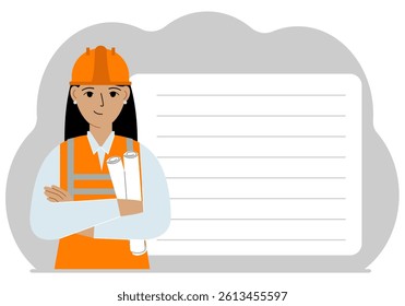 Engineer near the construction crane. Builder holding blueprints near construction machinery.