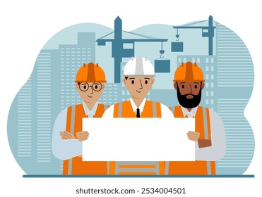 Engineer near houses under construction and construction cranes. Builder holds a large white sheet for text.