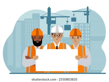 Engineer near houses under construction and construction cranes. Builder holds a large white sheet for text. Vector flat illustration