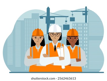 Engineer near houses under construction and construction cranes. Builder holds a large white sheet for text.
