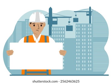 Engineer near houses under construction and construction cranes. Builder holds a large white sheet for text.