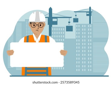 Engineer near houses under construction and construction cranes. Builder holds a large white sheet for text.
