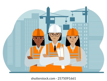 Engineer near houses under construction and construction cranes. Builder holds a large white sheet for text.