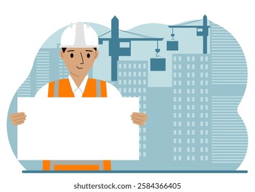 Engineer near houses under construction and construction cranes. Builder holds a large white sheet for text.
