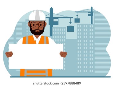 Engineer near houses under construction and construction cranes. Builder holds a large white sheet for text. Vector flat illustration