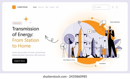 An engineer observes the operation of power plant and virtual data Electricity transmission towers Solar and wind clean energy Vector illustration for websites landing pages mobile posters and banners