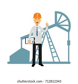 Engineer of oil industry character standing next to an oil rig drilling platform talking and showing hand