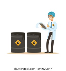 Engineer of oil industry controlling the process of oil production vector illustration