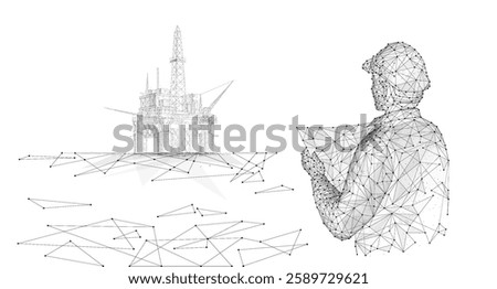 Engineer and oil rig. Abstract floating rig platform. Gas platform, offshore drilling, refinery plant, petroleum industry, energy resource, innovation well drilling, oilfield equipment concept