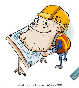 Engineer on blueprint plan. Detailed vector illustration in isolated in white.