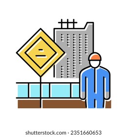 Ingenieur auf Baugartenfarbsymbol Vektorgrafik. Ingenieur auf Bauhofschild. einzelne Symbolillustration