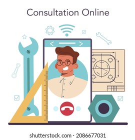 Engineer online service or platform. Professional occupation to invent, design and build machines and structures. Online consultation. Flat vector illustration