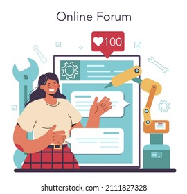 Engineer online service or platform. Professional occupation to invent, design and build machines and structures. Online forum. Flat vector illustration