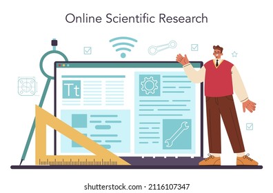 Servicio o plataforma online de ingeniero. Ocupación profesional para inventar, diseñar y construir máquinas y estructuras. Investigación en línea. Ilustración vectorial plana