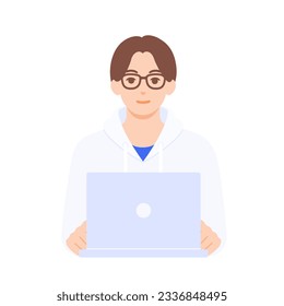 An engineer operating a computer. Man in casual attire wearing glasses. Vector illustration.