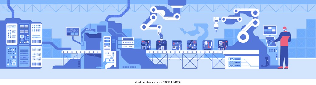 Engineer operator controls microchip automated production process. Robot hands machines work on chip making line. Futuristic factory interior design. Vector illustration of science, tech industry