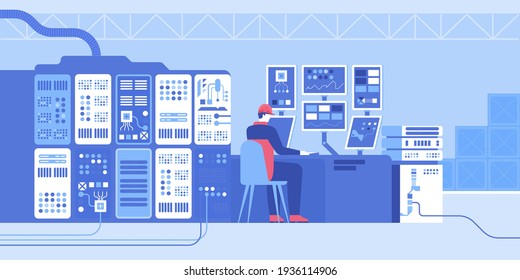 El operador de ingeniería controla el proceso desde el panel de control de pantallas de computadora en la producción automatizada. Interior de la sala del centro de datos con hardware del servidor. Ilustración vectorial de la moderna industria tecnológica