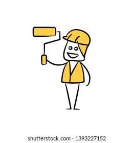 engineer or operator holding painting roller, doodle stick figure design
