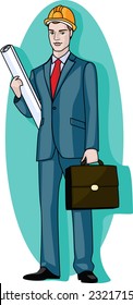 Engineer in the orange helmet with drawing and case