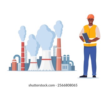 Engineer in orange vest and protective helmet. Factory plant with smoking towers and pipes. Management worker black man. Vector illustration