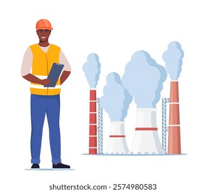 Engineer in orange vest and protective helmet. Factory plant with smoking towers and pipes. Management worker black man. Vector illustration