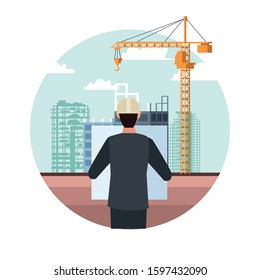 engineer over under construction scenery and white background, colorful design, vector illustration