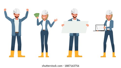 Engineer people wear blue jacket working character vector design. Presentation in various action with emotions.