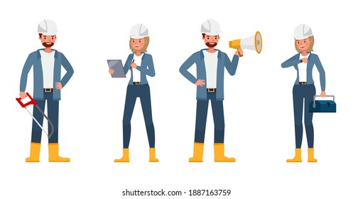 Los ingenieros usan la chaqueta azul trabajando diseño vectorial de caracteres. Presentación en diversas acciones con emociones.