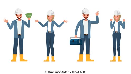 Engineer people wear blue jacket working character vector design. Presentation in various action with emotions.
