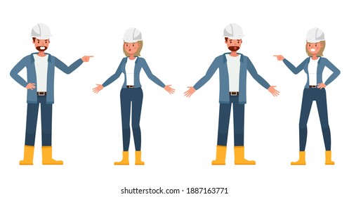 Engineer people wear blue jacket working character vector design. Presentation in various action with emotions.