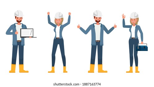 Engineer people wear blue jacket working character vector design. Presentation in various action with emotions.
