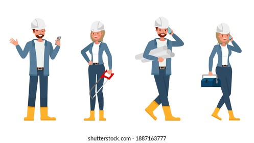 Engineer people wear blue jacket working character vector design. Presentation in various action with emotions.