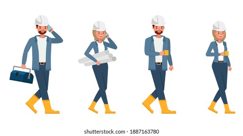 Engineer people wear blue jacket working character vector design. Presentation in various action with emotions.