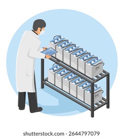 Engenheiro que realiza pesquisa e desenvolvimento de baterias testando várias unidades de armazenamento de energia em racks industriais em ambiente de laboratório
