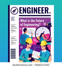 Engineer periodic magazine cover with article about what is future of engineering flat vector illustration