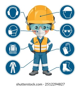 Engineer with personal protective equipment and icons, safety pictograms. Helmet, vest, glasses, gloves, footwear, coverall, ear protection, mask. Industrial safety and occupational health at work