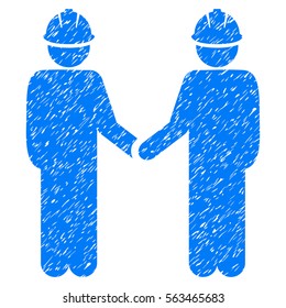 Engineer Persons Handshake grainy textured icon for overlay watermark stamps. Flat symbol with dust texture. Dotted vector blue ink rubber seal stamp with grunge design on a white background.