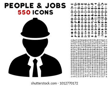 Engineer pictograph with 550 bonus pitiful and happy people design elements. Vector illustration style is flat black iconic symbols.