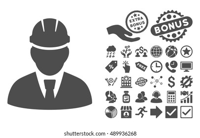 Engineer pictograph with bonus elements. Vector illustration style is flat iconic symbols, gray color, white background.