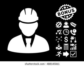 Engineer pictograph with bonus images. Vector illustration style is flat iconic symbols, white color, black background.
