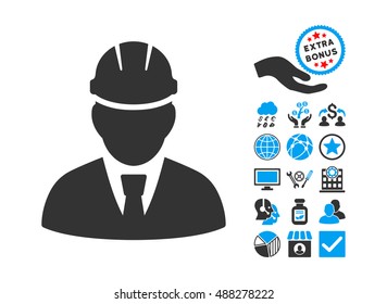 Engineer pictograph with bonus symbols. Vector illustration style is flat iconic bicolor symbols, blue and gray colors, white background.