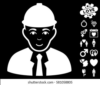 Engineer pictograph with bonus valentine graphic icons. Vector illustration style is flat iconic white symbols on black background.