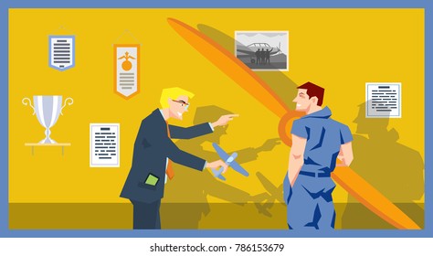 Engineer and pilot or technician, extreme airplane sport illustration, cartoon flat design style vector.