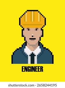 ''Engineer'' pixel art portrait illustration isolated on yellow background.